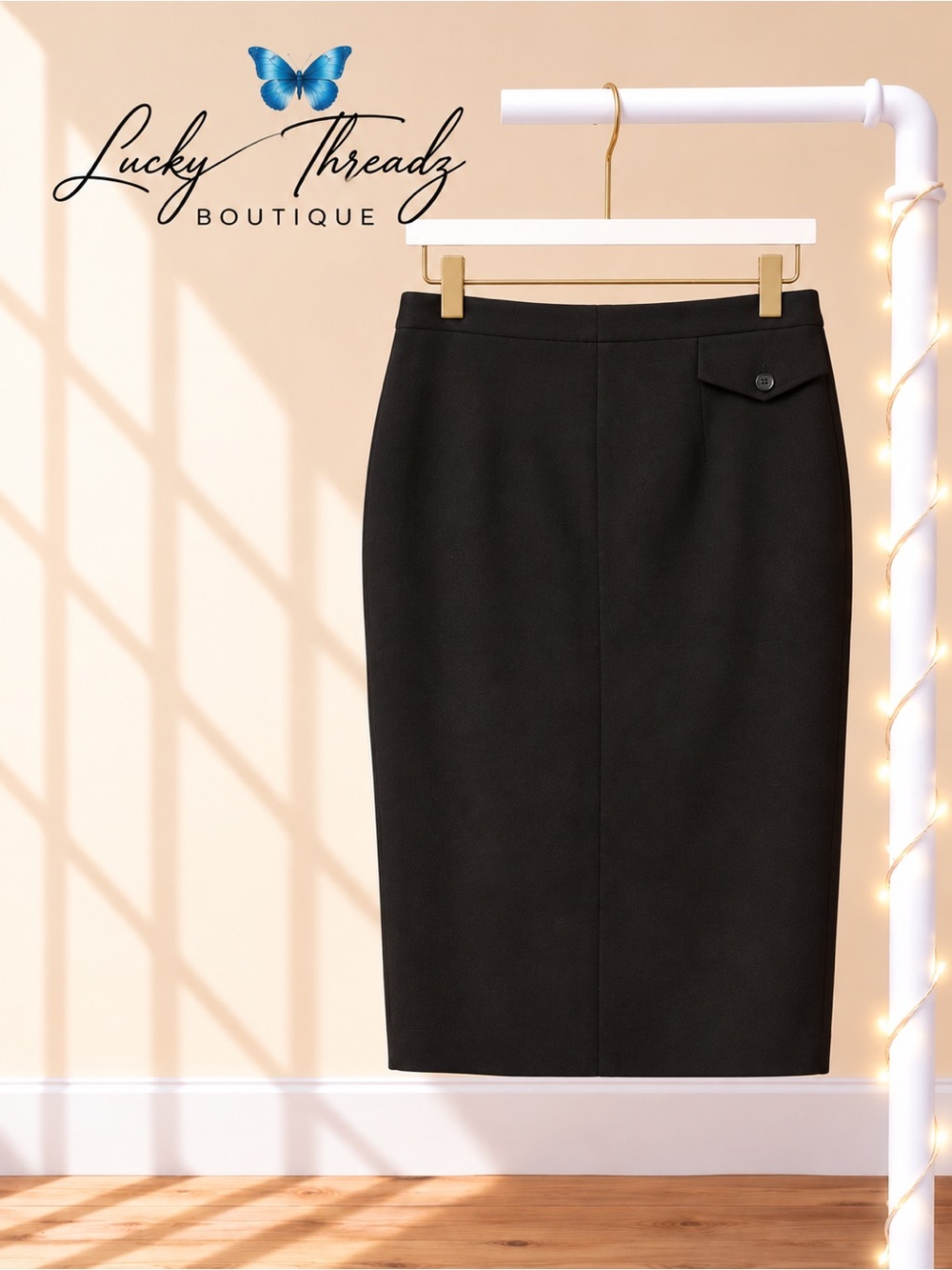 BCBGMAXAZRIA Black Wool Stretch Pencil Skirt 8 Flap Pocket Split Back Workwear